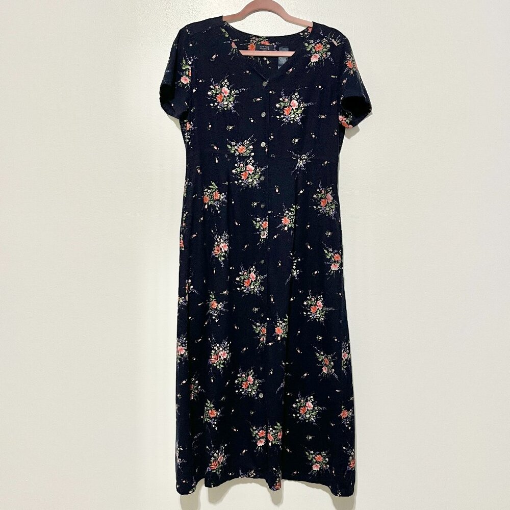 Womens VTG  Button Front Maxi Dress 10 Dark Cottagecore Floral Prairie Pastoral